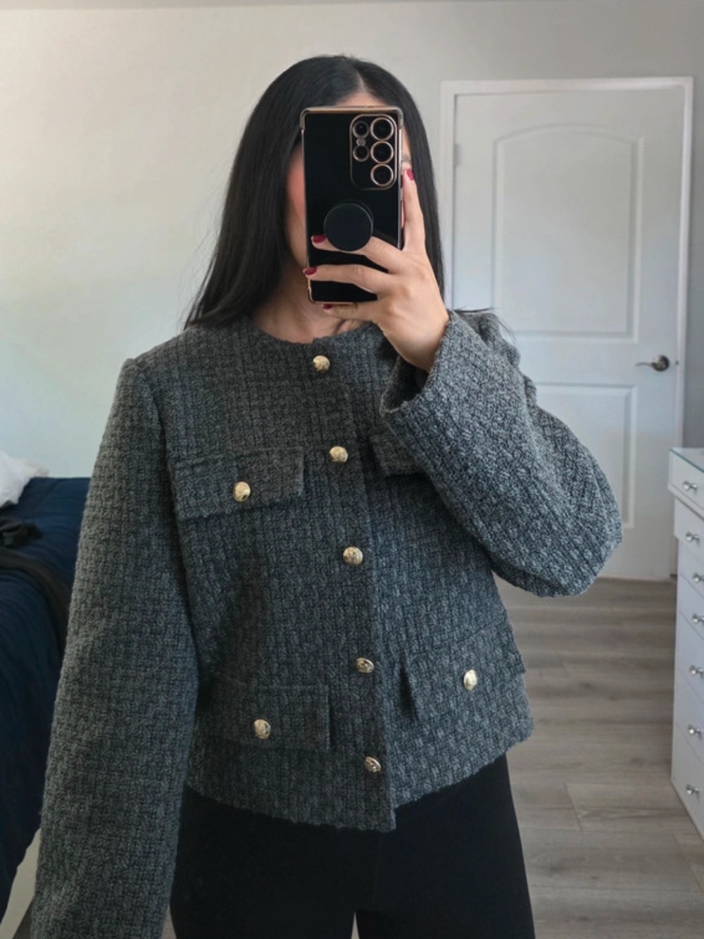 H&M Gray Textured Tweed Gold-Button Jacket